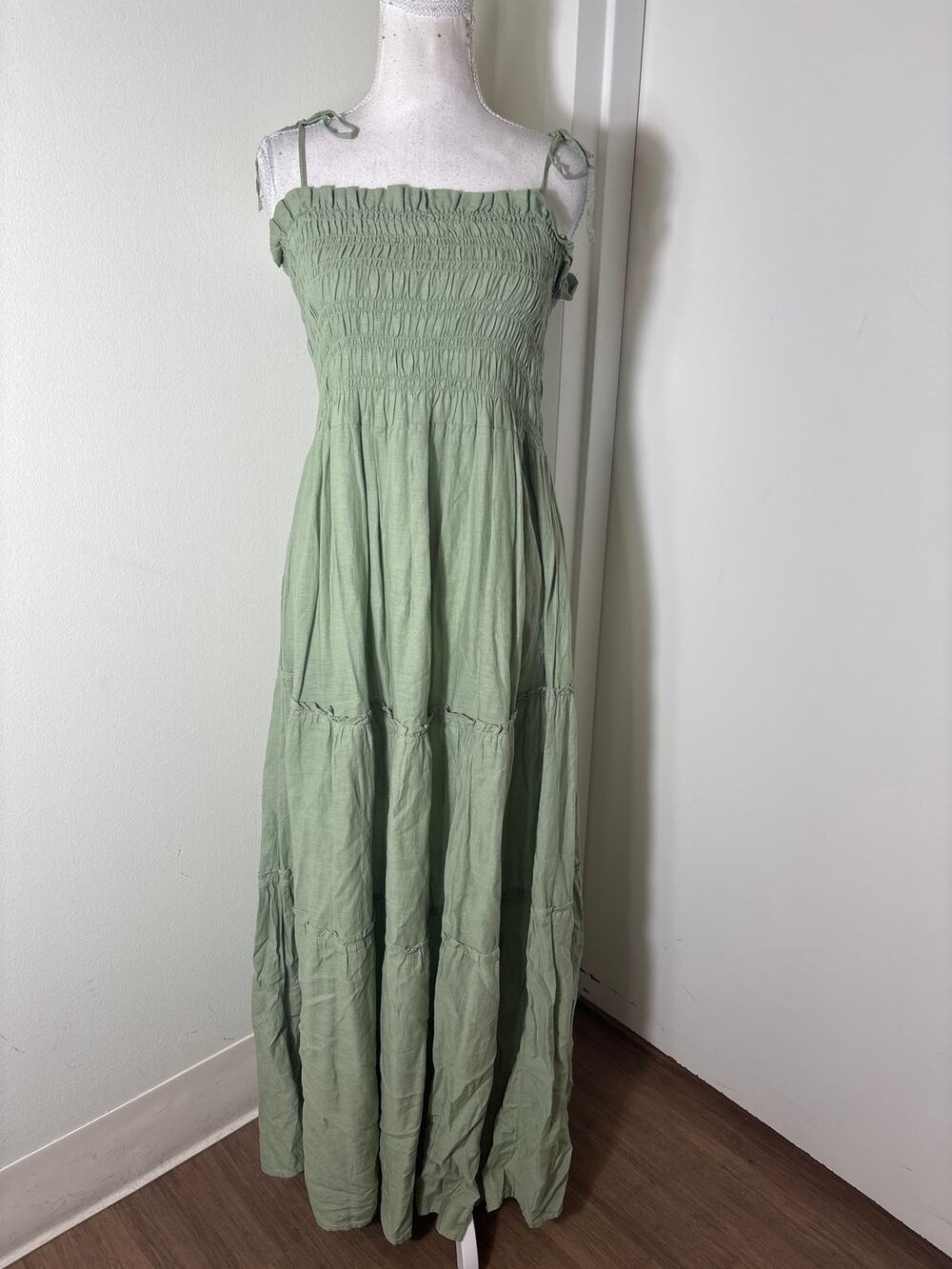 MNG Sage Green Spaghetti Strap Smocked Maxi Dress Sz 6